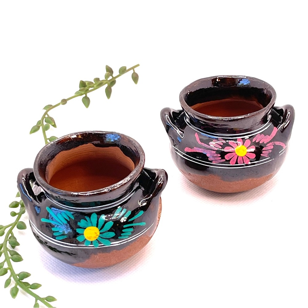 Miniature Mexican Clay Pots Hand-Painted Floral Folk Art set of 2